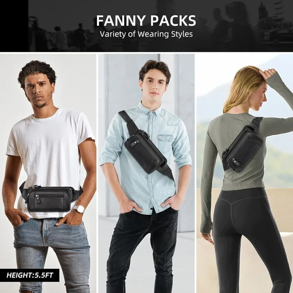 💫 Men Black Leather Adjustable Fashion Small Travel Hiking Cycling Waist Packs